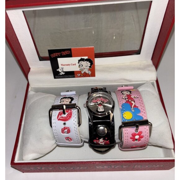 Vintage Betty Boop Watch W/ Leather Band Set of 3 - Pink,White & Black NEW RARE - Picture 15 of 16